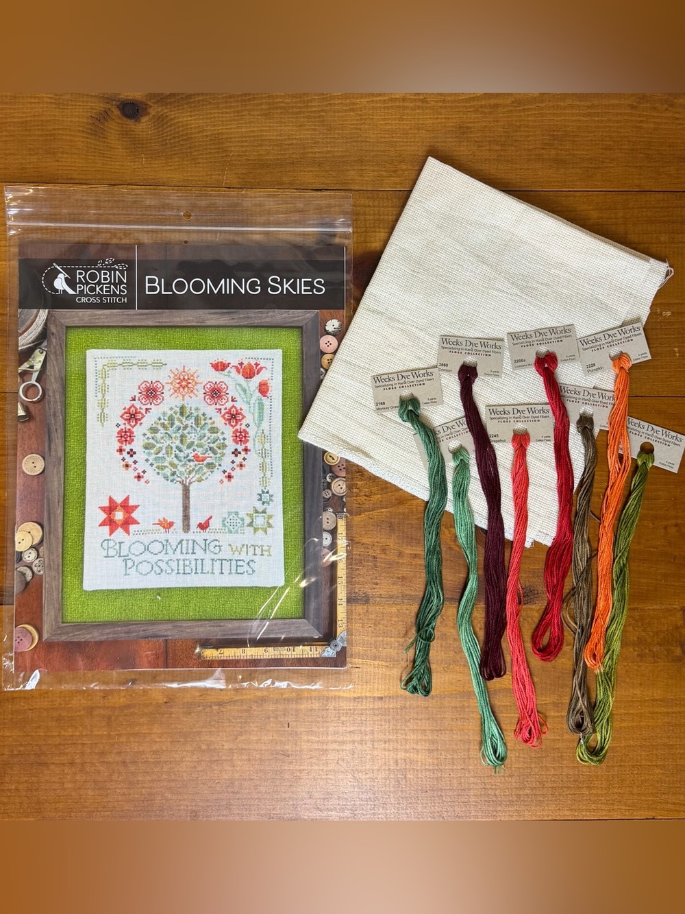 Robin Pickens Cross Stitch Blooming Skies | Aida Cloth 8 “Weeks Dye Works” Floss